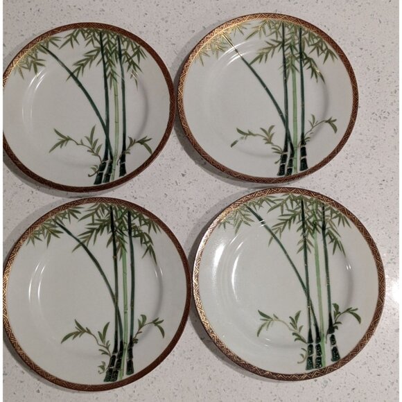 Set Of 4 Vintage Kutani Eggshell China Bread Plates Bamboo Design Gilded Geometr - Picture 3 of 9